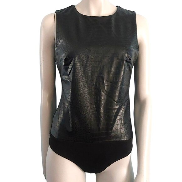 Black Faux Leather Bodysuit M Tank Top Croc Embossed Basic Layer Edgy EXPRESS - Picture 3 of 14